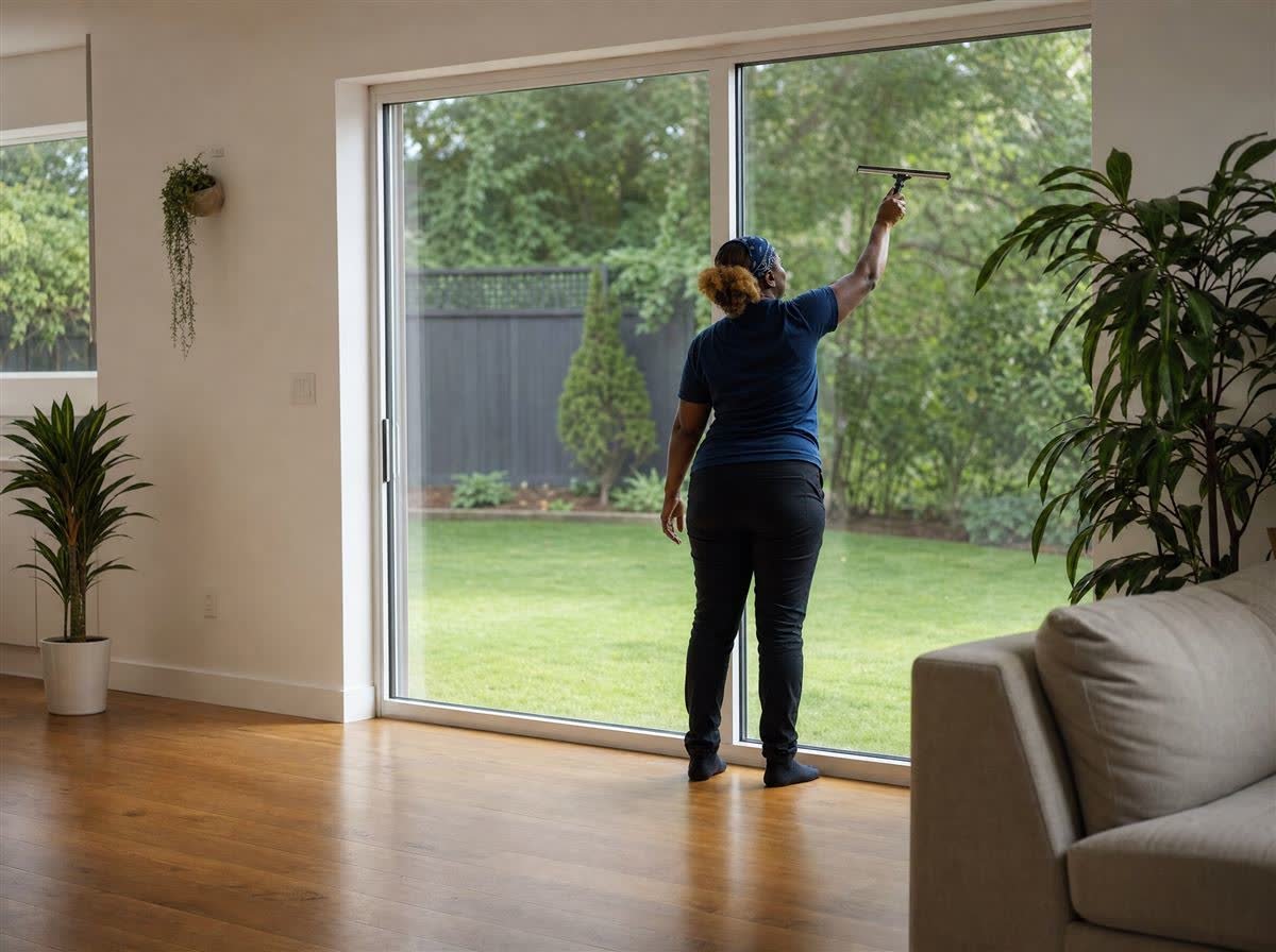 An Ever Clean Home cleaner finishing the windows of a living room